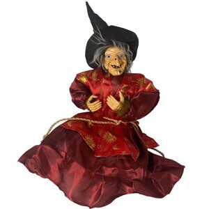 Vintage Witch Poseable Figurine Red Cloak Black Hat Rope Belt Halloween 9"